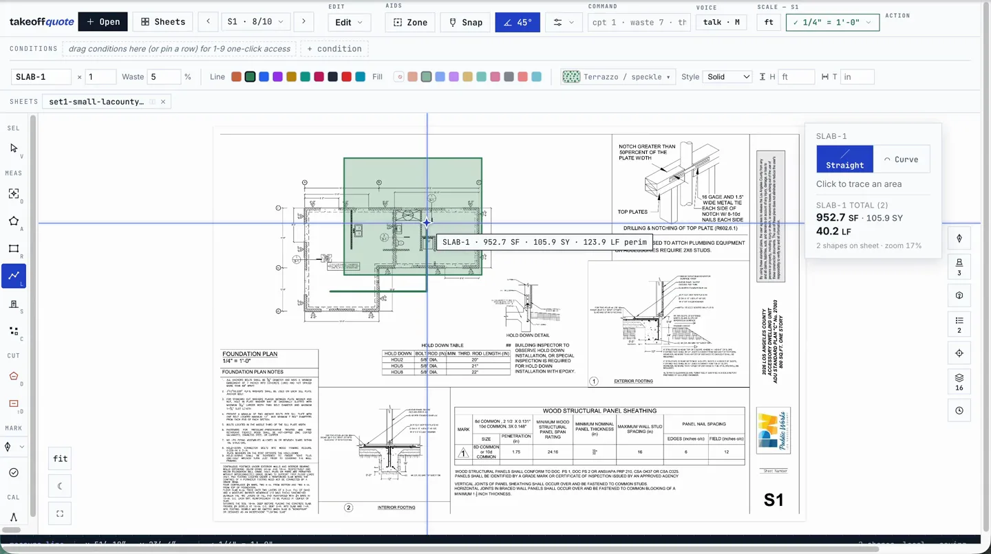 Measuring areas, linears, and counts directly on a foundation plan sheet in TakeoffQuote