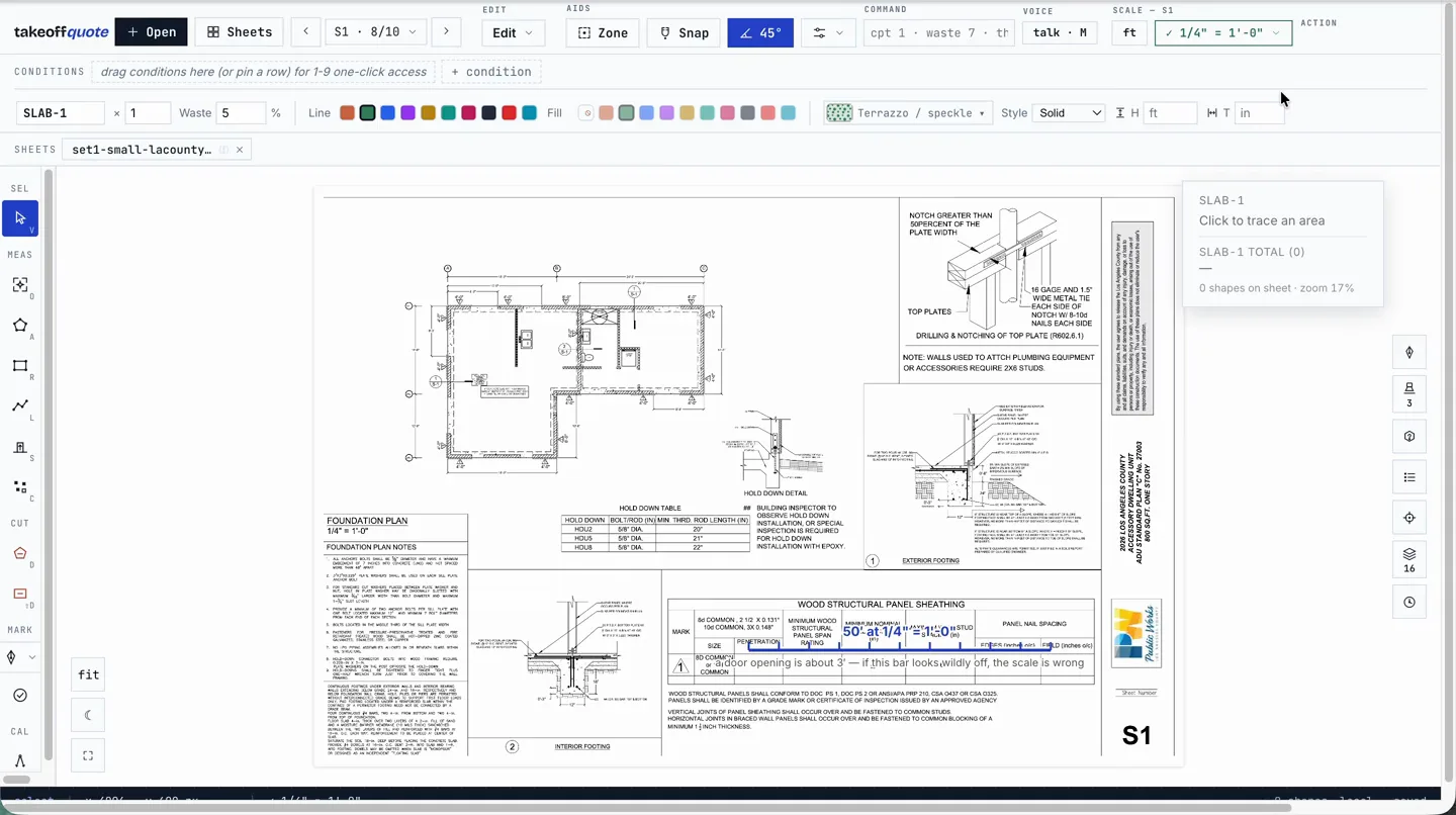 TakeoffQuote reading the drawing scale from a plan title block and confirming it with the sanity bar